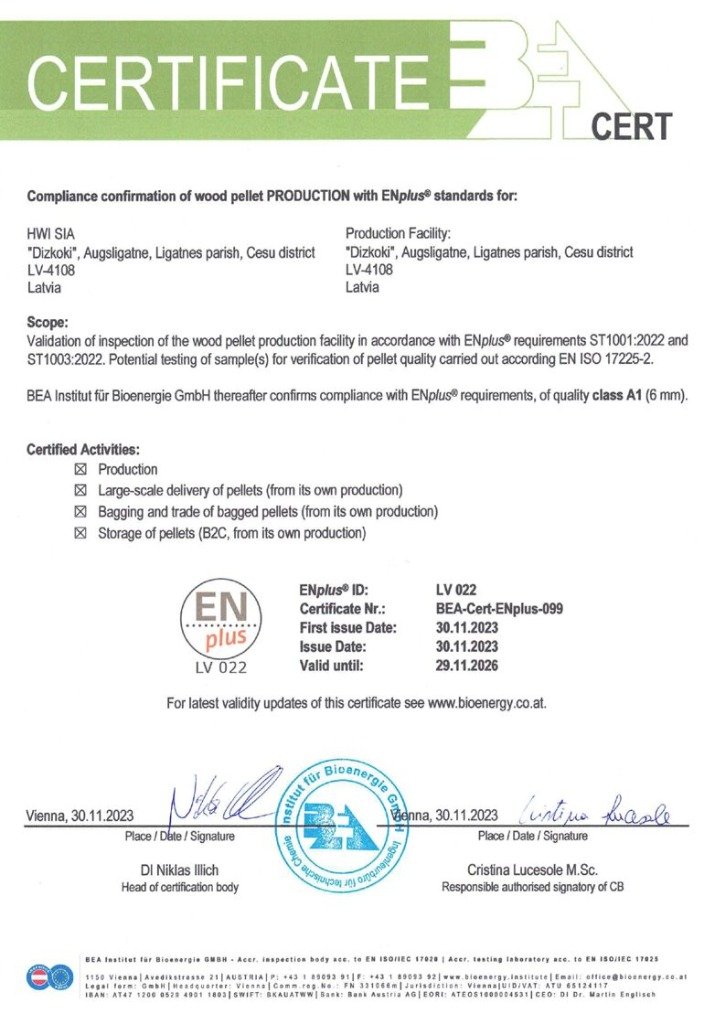 Official ENplus A1 Certificate LV022 for HWI SIA